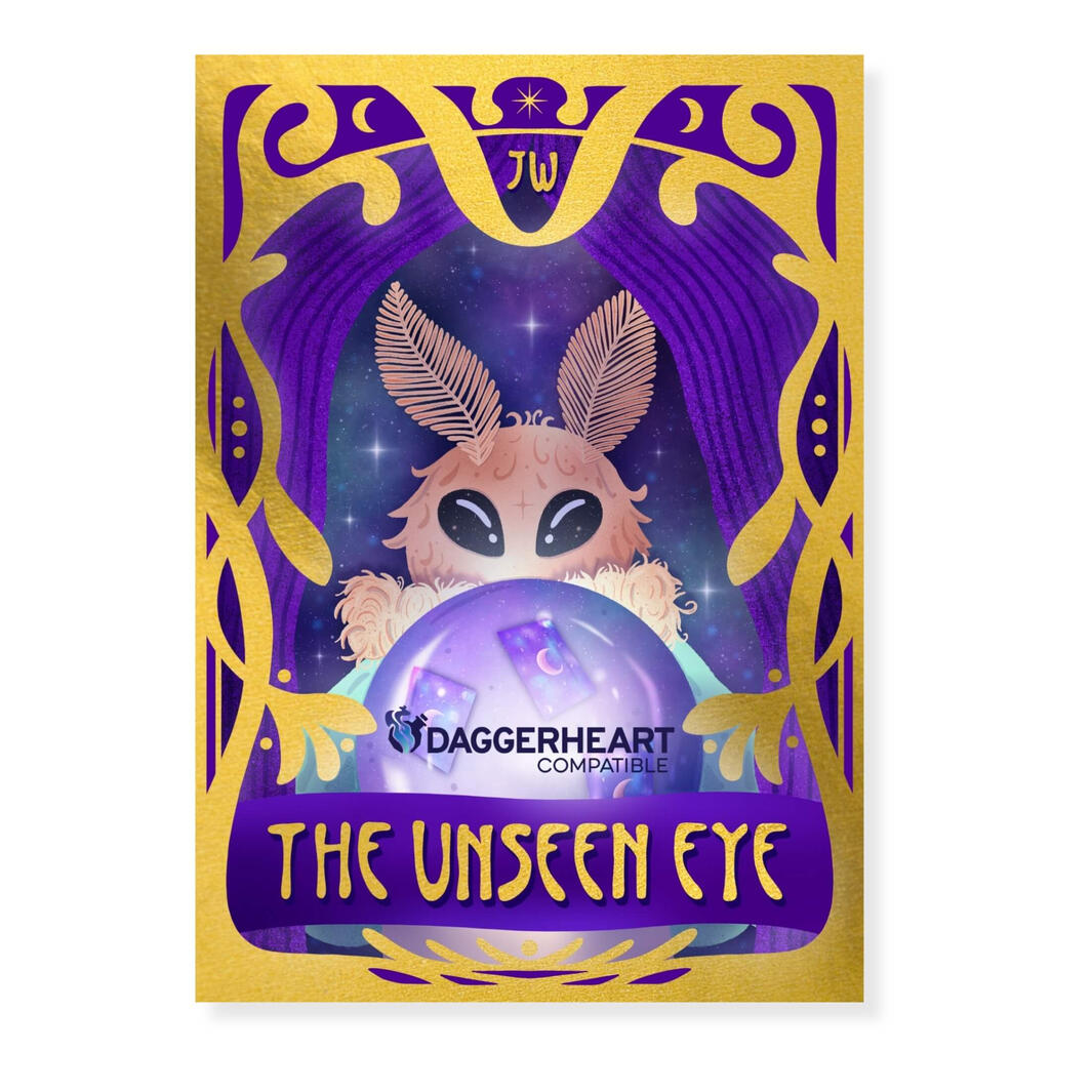 The Unseen Eye - A custom hand-drawn cover for a mystical story revolving around a fortune-telling event that sends the adventurers on a trip down memory lane. The cover is inspired by tarot cards and an Art Nouveau lettering style.