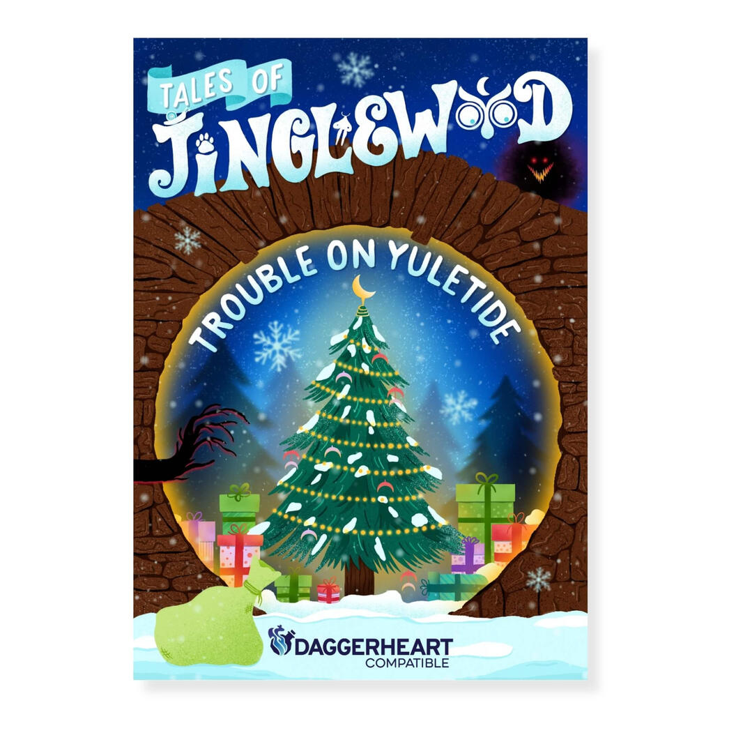 Tales of Jinglewood: Trouble on Yuletide - A festive, hand-drawn cover for a cozy story set in a friendly village inhabited by animals that need a group of adventurers to help them save their annual Yuletide Festival.