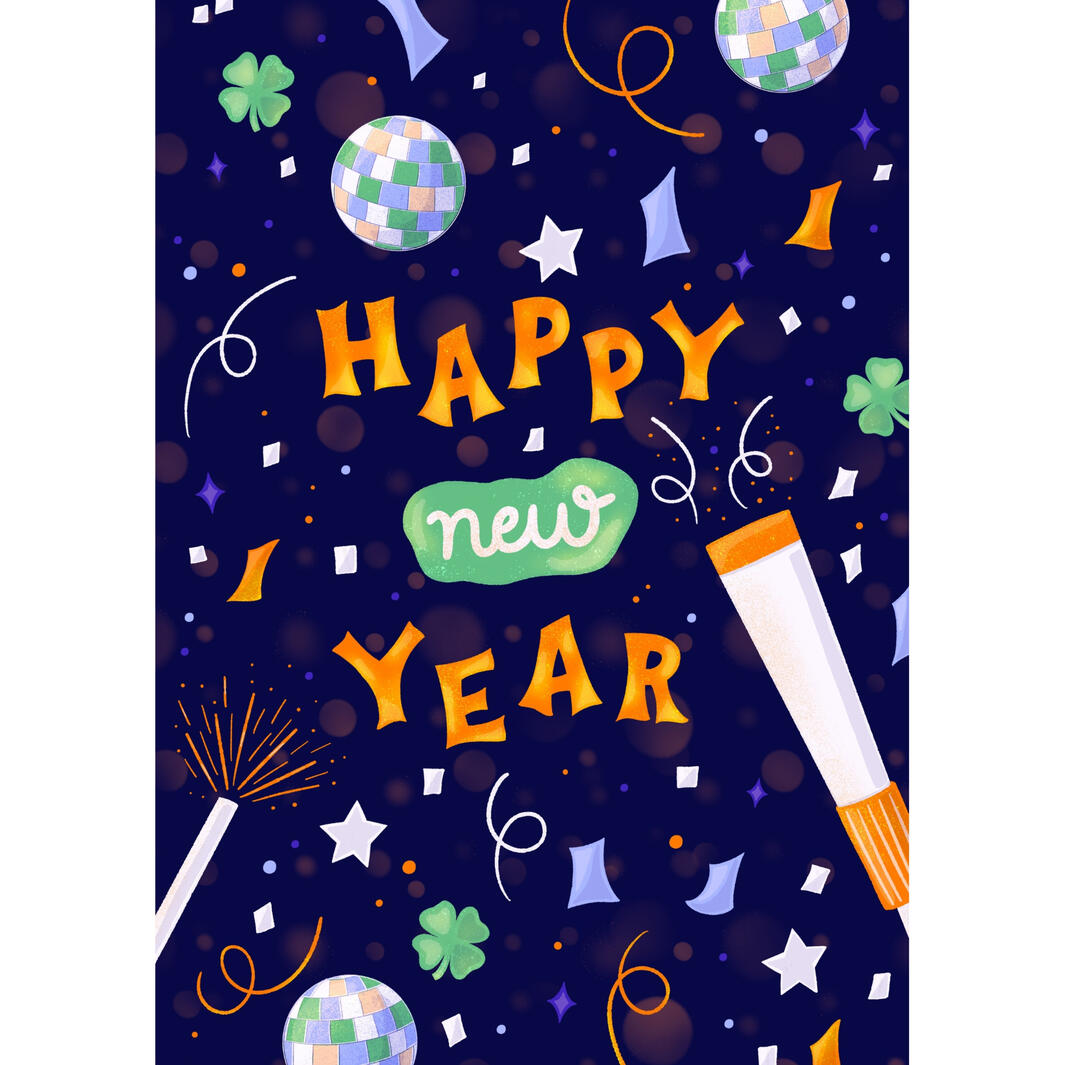 "Happy New Year" party lettering with objects & confetti thrown into the air
