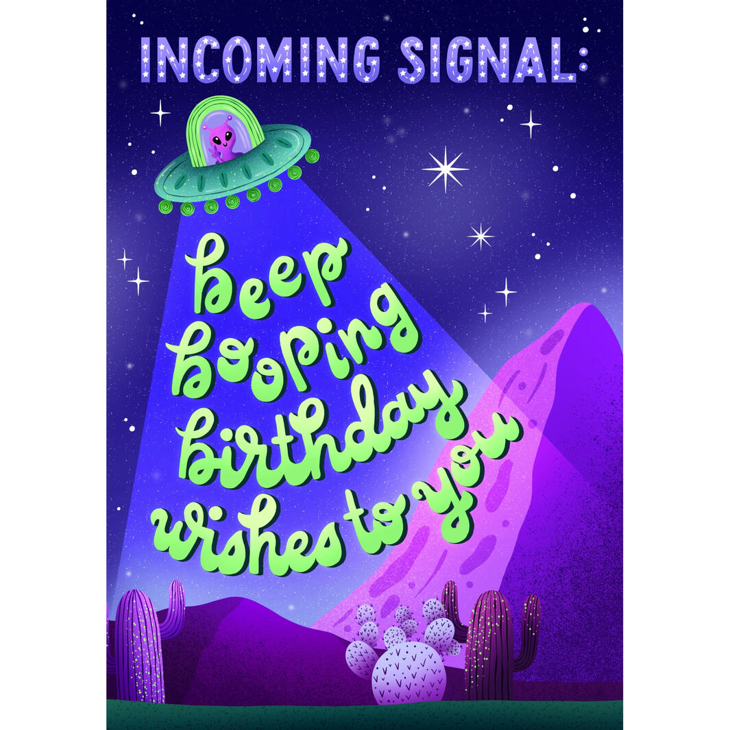 Landscape illustration with a playful alien & fun lettering