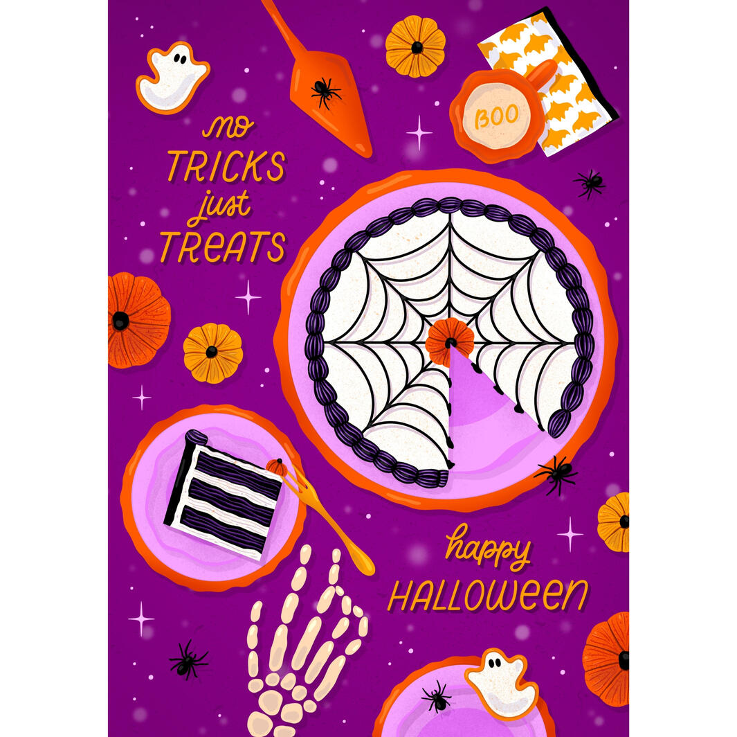An illustrated Halloween table with minimal lettering