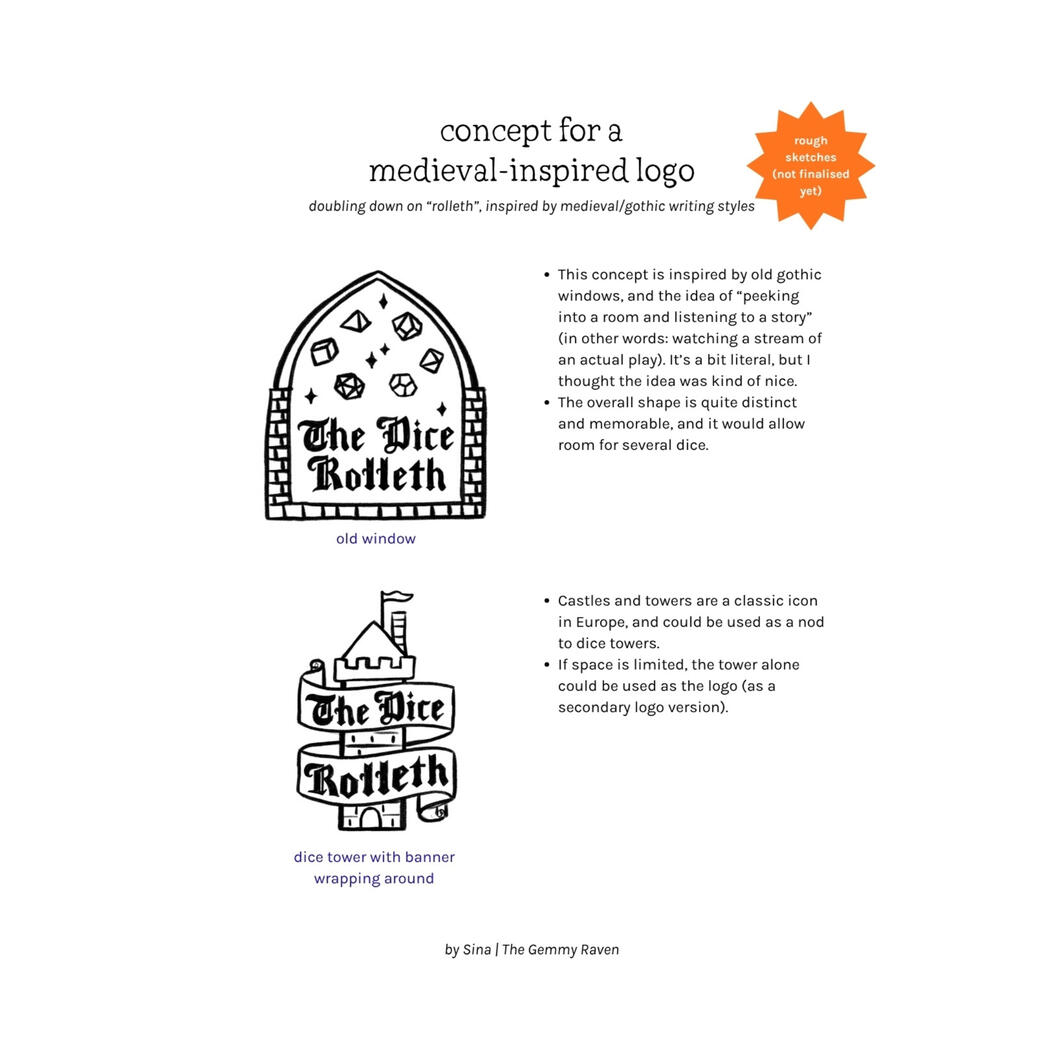 Medieval Fantasy Logo Concept: A medieval-inspired design featuring unique, memorable logo shapes & a range of different TTRPG dice.